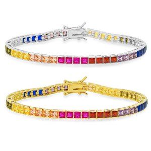 Gold/Silver Princess-cut Multi-Color Sapphire Tennis Bracelet - 7.25" - 925